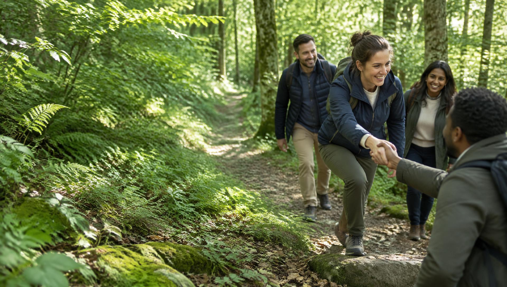 Colleagues supporting one another on a woodland walk